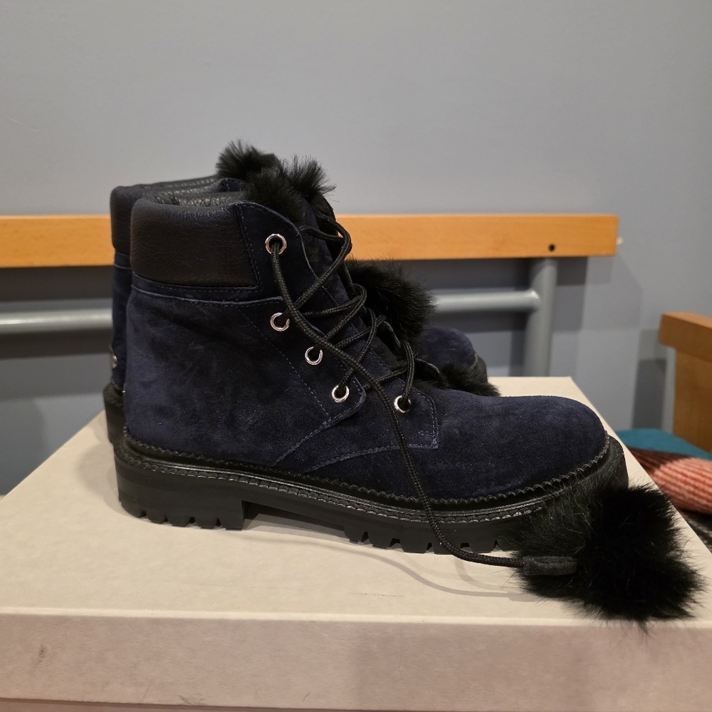 Jimmy Choo Dark Blue Suede Combat Boots with Black Fur